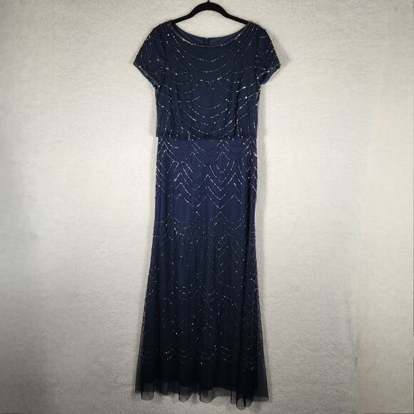 Adrianna Papell Formal Gold Beaded Navy Gown Classic Sz 4 - Picture 3 of 11